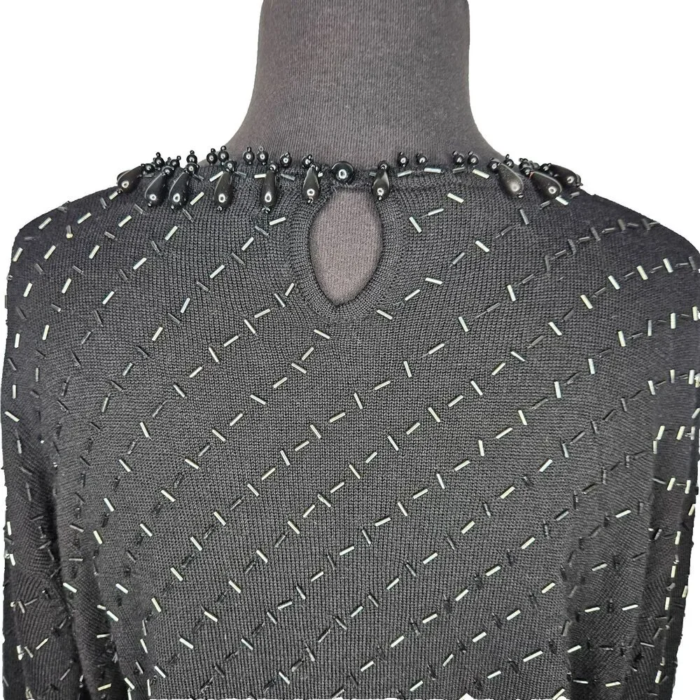 Vtg Valerie Stevens Evening Sweater Large Merino Wool Black Beaded Sophisticated